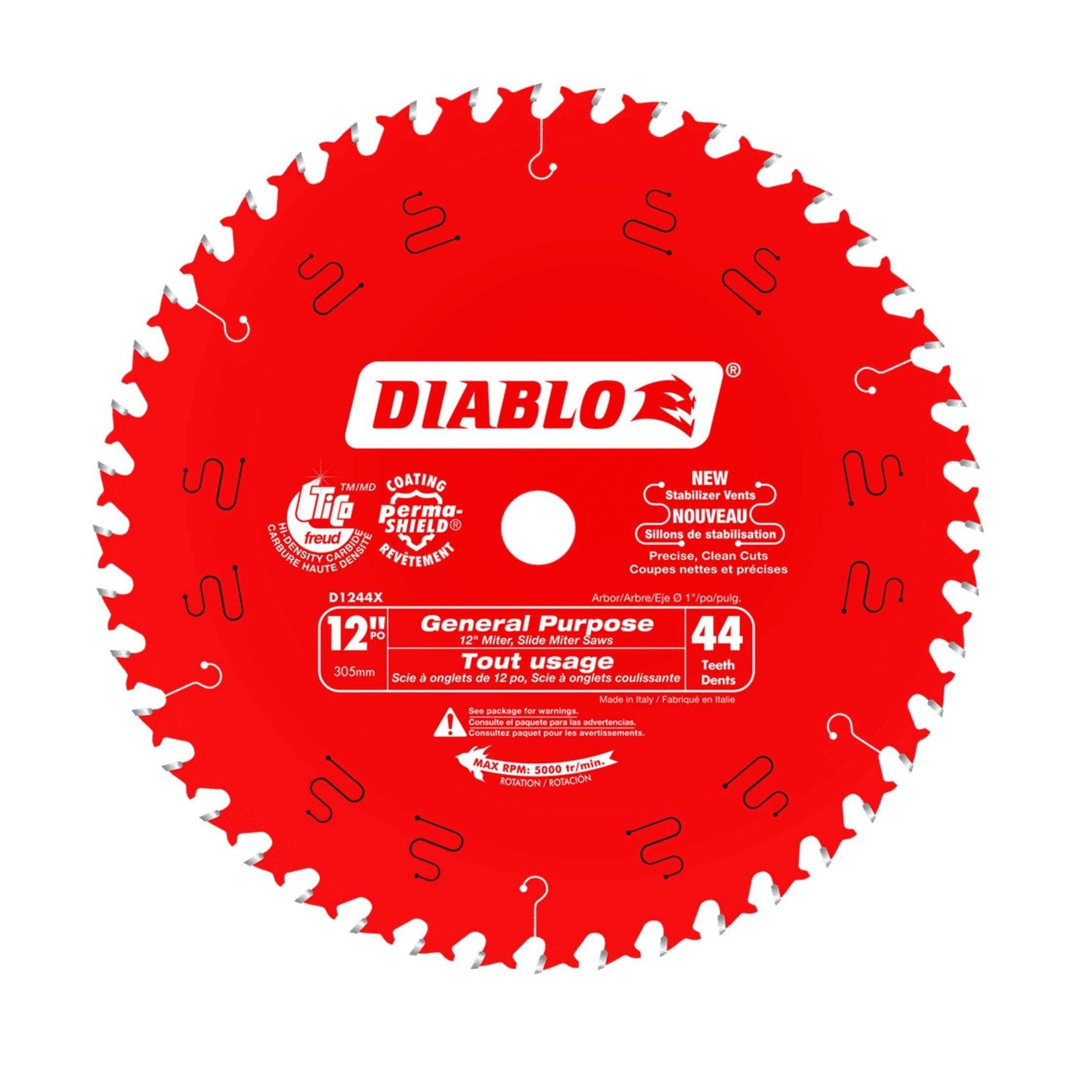 The DIABLO D1244X 12-inch x 44-teeth general purpose saw blade, featuring the Diablo logo in white on a red background, is ideal for table and miter saws. It is specifically designed for wood cutting, with various technical specifications and usage information printed directly on the blade.